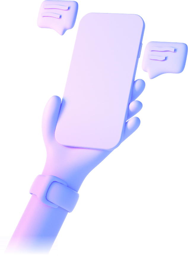 Eine Hand hält ein Telefon mit Sprechblasen.