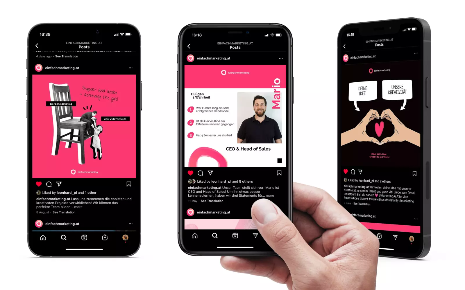 Eine Person nutzt ein Telefon mit rosafarbenem Bildschirm, um in sozialen Netzwerken Einfachmarketing zu betreiben.