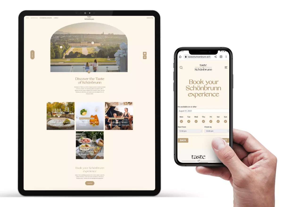 Eine Person mit einem iPhone und einem Tablet präsentiert die Website der Taste of Schönbrunn Booking Platform.