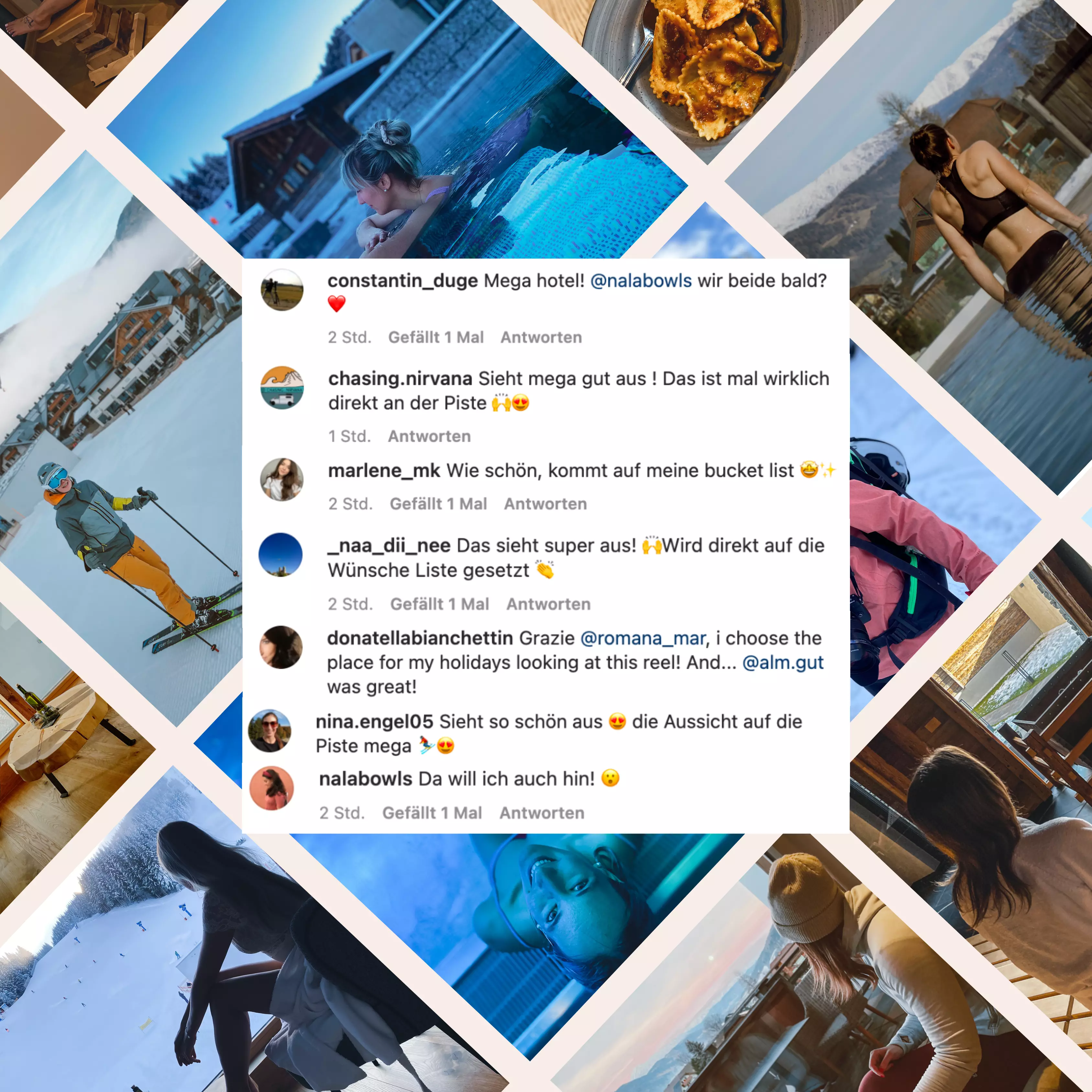 Eine Collage der Almgut-Influencer-Kampagne mit Menschen auf Skiern und Snowboards.