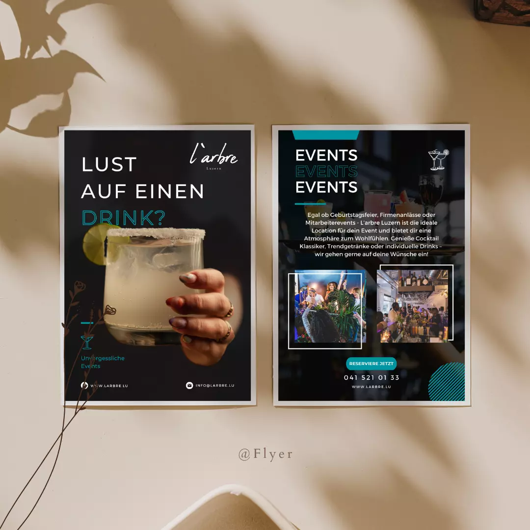 Ein Flyer für die SPRUNG-Veranstaltung mit einem Getränk.