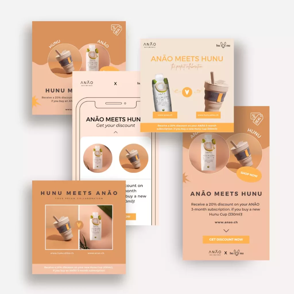 Eine Reihe von ANÃO-Creatives für eine mobile Werbekampagne für gesunde Getränke.