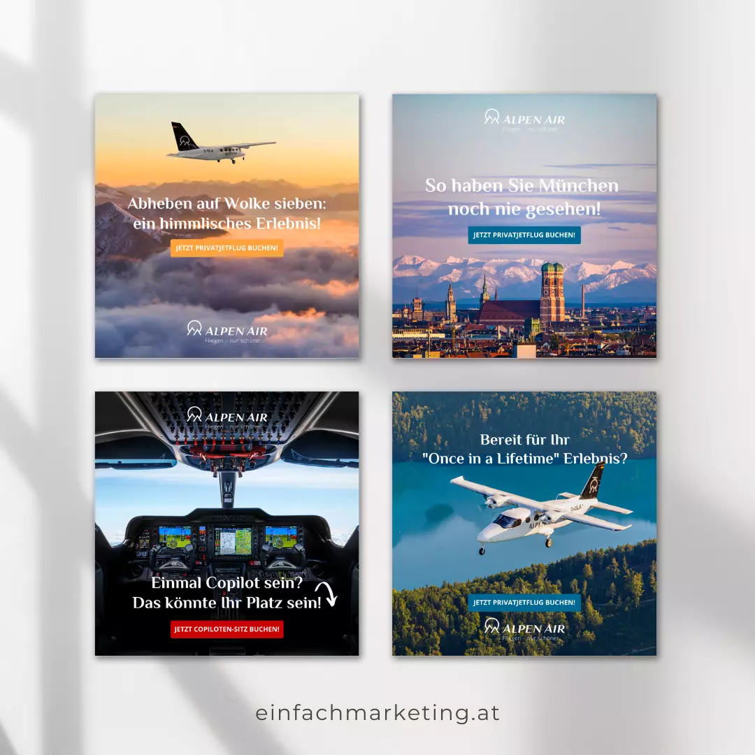 Eine Sammlung von Social-Media-Ads mit Flugzeugen vor einem bergigen Hintergrund von Einfachmarketing für Alpen Air.