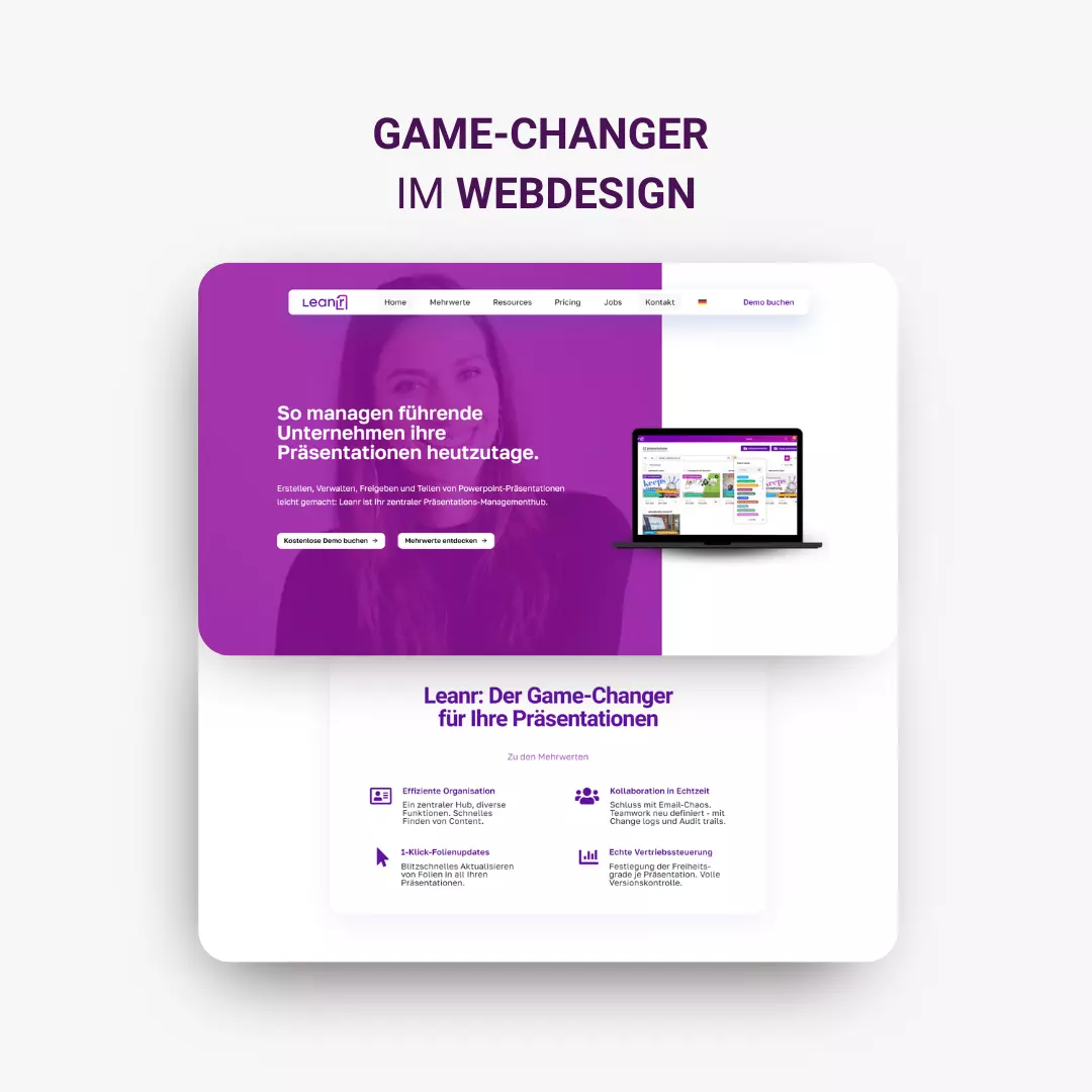 Eine lila-weiße Leanr-Website mit den Worten Game Changer im Webdesign.