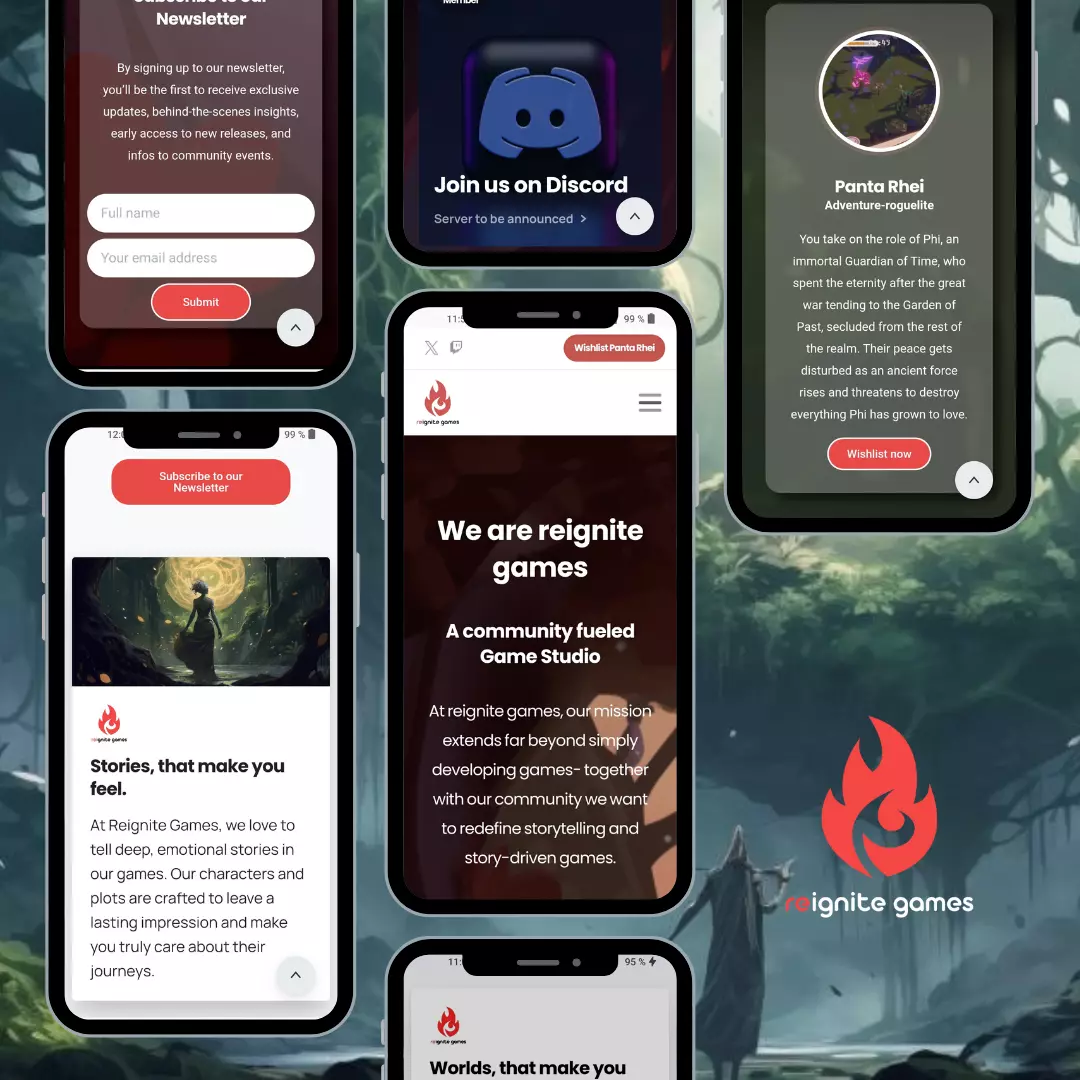 Eine Website, die verschiedene Bildschirme präsentiert, auf denen Revite-Spiele gezeigt werden.
