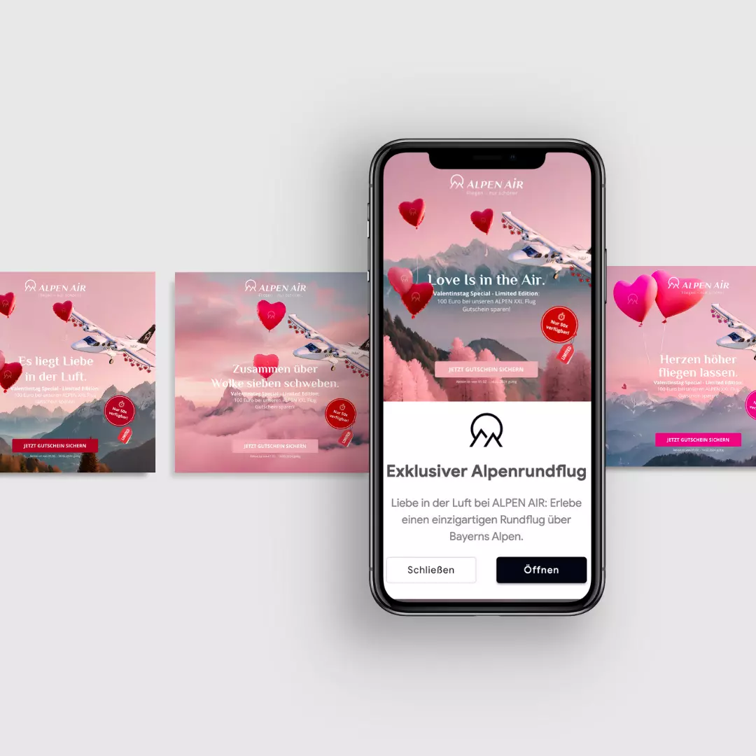 Eine Valentinstag-Landingpage mit rosa Hintergrund für AlpenAir-Kunden, die über Google Display angesprochen werden.