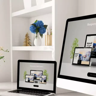 Ein Laptop und ein Desktop-Monitor zeigen ein Webdesign-Konzept in einem hellen, modernen Arbeitsbereich.