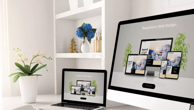 Ein Laptop und ein Desktop-Monitor zeigen ein Webdesign-Konzept in einem hellen, modernen Arbeitsbereich.
