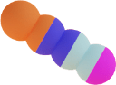 Ein 3D-Objekt, das aus sechs verbundenen Kugeln in einer horizontalen Linie besteht, wobei jede Kugel eine andere Farbe hat: Orange, Orangerot, Blau, Dunkelblau, Hellblau und Rosa.