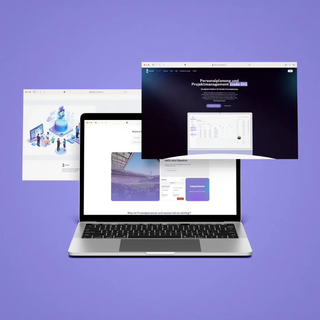 Ein Laptop, auf dem die Covento-Website präsentiert wird, ist von schwebenden Browserfenstern vor einem leuchtend violetten Hintergrund umgeben.