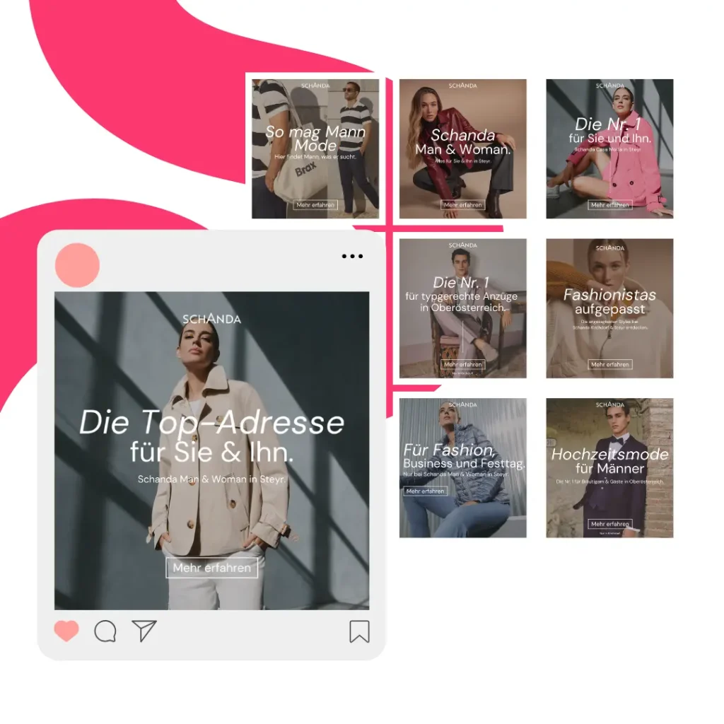 Collage aus deutschen Modeanzeigen, in denen Männer und Frauen Kleidung vorführen, mit Werbetexten und dem Markennamen „Schanda Mode“ auf jedem Bild.