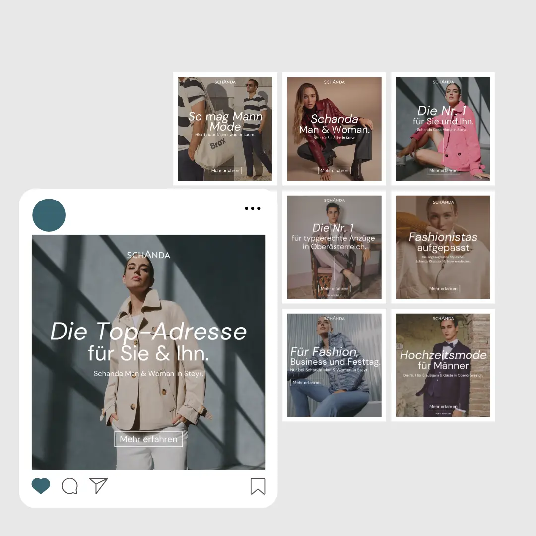 Eine Collage aus Modewerbung zeigt Models in verschiedenen Outfits für unterschiedliche Anlässe und Stile. Deutscher Text wirbt für die Modemarke und erinnert an einen automatisch gespeicherten Entwurf, der Spontaneität und Kreativität perfekt einfängt.