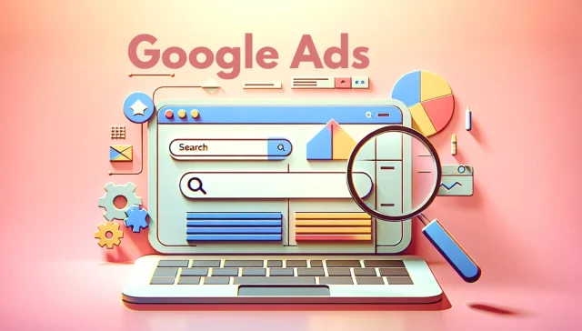 Abbildung eines Laptops mit einer Google Ads-Oberfläche mit Suchleisten, Diagrammen und einer Lupe, die die Arbeit einer Marketingagentur in den Bereichen Online-Werbung und Datenanalyse symbolisiert.