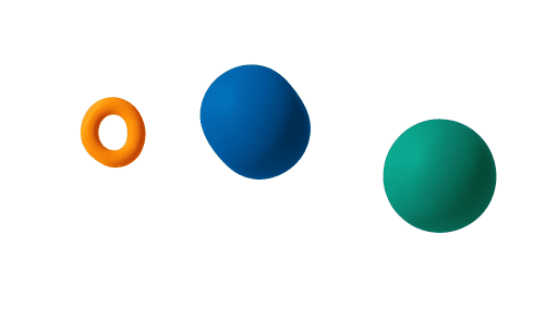 Drei farbige 3D-Formen – ein gelber Torus, eine blaue unregelmäßige Kugel und eine grüne glatte Kugel – bewegen und verwandeln sich auf einem weißen Hintergrund.