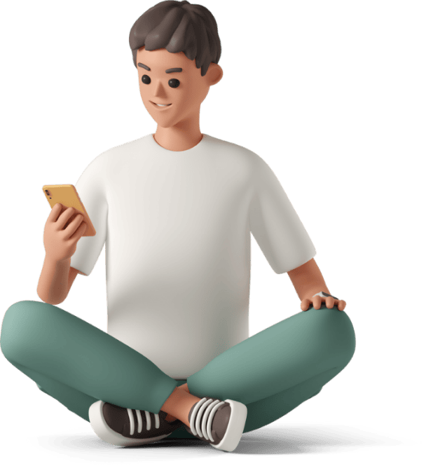 3D-Illustration einer Person, die mit gekreuzten Beinen auf dem Boden sitzt, ein weißes Hemd und eine grüne Hose trägt und auf ein Smartphone in ihrer rechten Hand blickt.