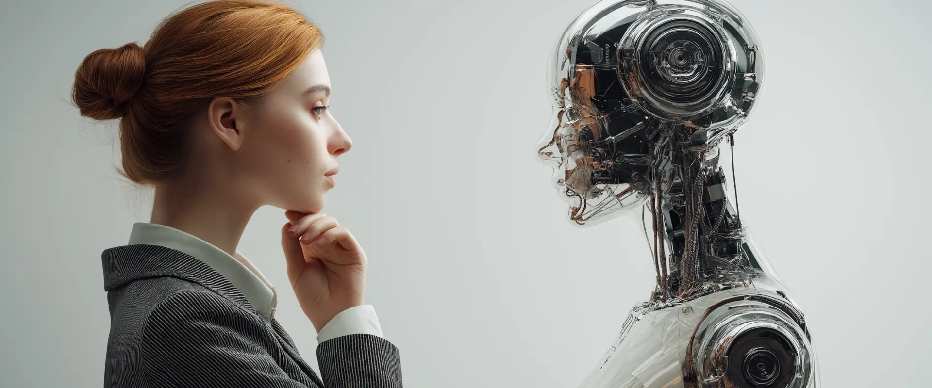 Eine Frau in Geschäftskleidung steht einem metallischen humanoiden Roboter gegenüber und studiert ihn. Beide sind im Profil vor einem neutralen Hintergrund zu sehen und symbolisieren die Zusammenarbeit zwischen Menschen und innovativer SEO-KI in der heutigen digitalen Landschaft.