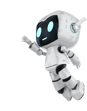 Ein weißer humanoider Roboter mit blau leuchtenden Augen und Gelenken schwebt oder springt mit einem erhobenen Arm.