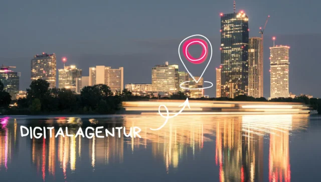 Skyline der Stadt in der Abenddämmerung, die sich auf dem Wasser spiegelt, mit dem Schriftzug "DIGITAL AGENTUR" und einem rosafarbenen Standort-Symbol, das im Vordergrund digital hinzugefügt wurde - perfekt, um Ihre Dienstleistungen im Einfachmarketing oder Marketing Abo zu präsentieren.