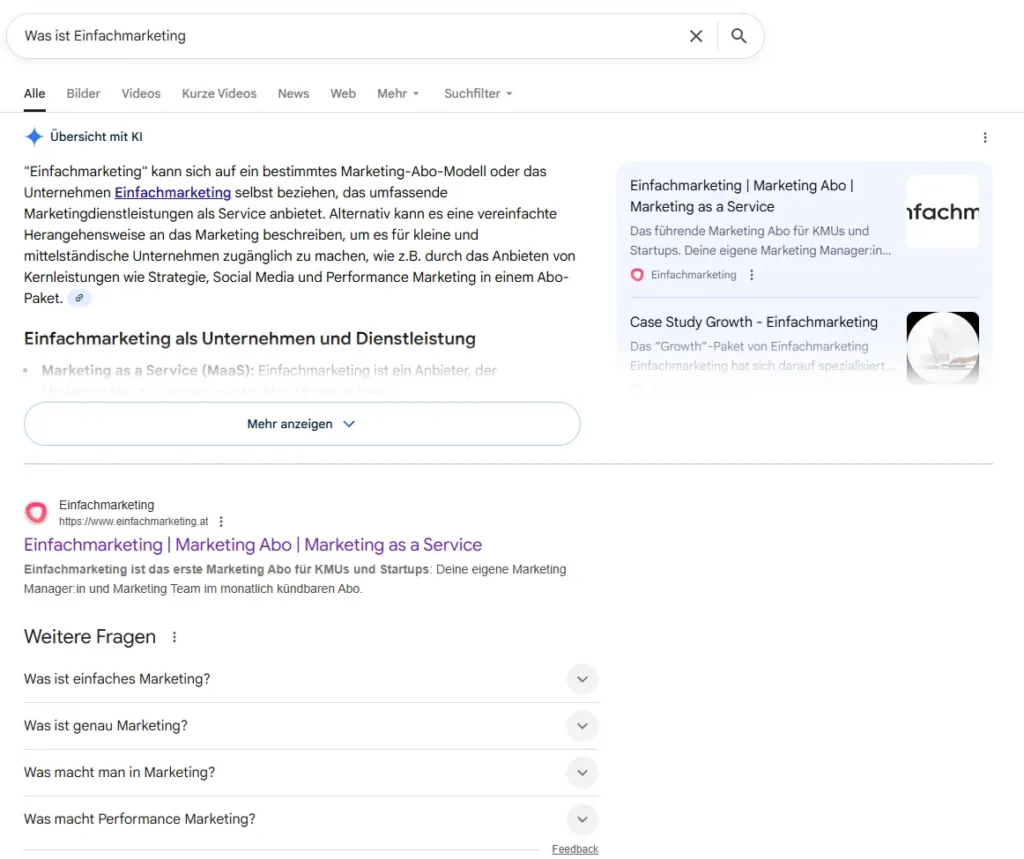 Screenshot einer Google-Suchergebnisseite für "Was ist Einfachmarketing" mit Featured Snippets, Definitionen und verwandten GEO-Fragen auf Deutsch.