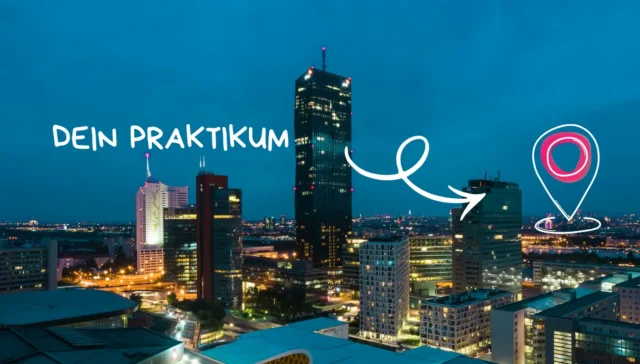 Nächtliche Stadtlandschaft mit beleuchteten Wolkenkratzern; weißer Text mit der Aufschrift "Marketing Praktikum" und einem Pfeil, der auf ein Standort-Pin-Symbol über der Stadt zeigt.