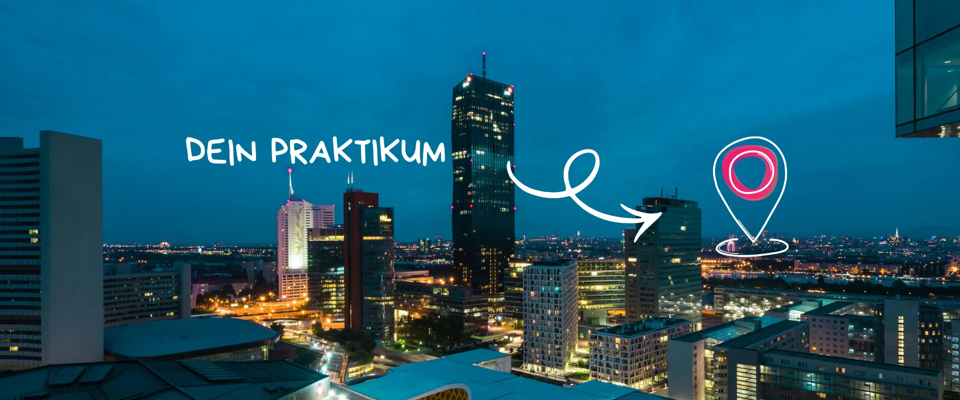 Nächtliche Stadtlandschaft mit beleuchteten Wolkenkratzern; weißer Text mit der Aufschrift "Marketing Praktikum" und einem Pfeil, der auf ein Standort-Pin-Symbol über der Stadt zeigt.