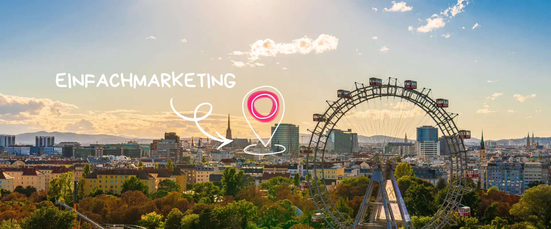 Ein Stadtbild von Wien mit dem Riesenrad, dem Schriftzug "EINFACHMARKETING" und einer pinkfarbenen Standortpin-Grafik in der Mitte - so präsentiert sich Ihre Werbeagentur Wien mit dem Fokus auf innovative Marketing Abo-Lösungen.