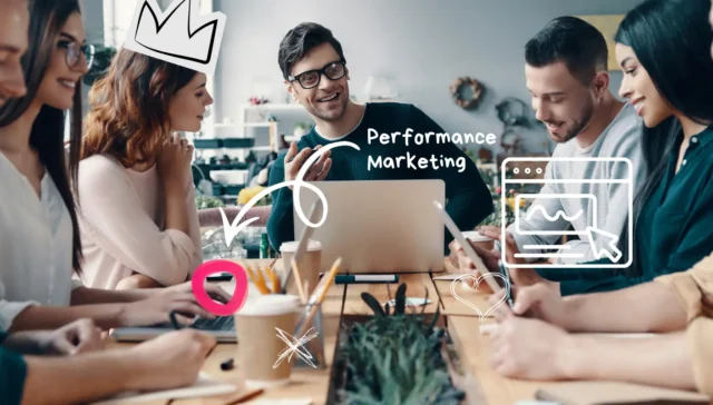 Sechs Personen sitzen um einen Tisch in einem Büro und diskutieren, wobei digitale Illustrationen und die Worte "Performance Marketing Agentur" und "Marketing Abo" über das Bild gelegt werden.