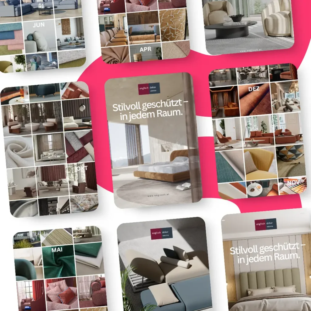 Eine Sammlung von Titelseiten von Einrichtungsmagazinen, die auf einer weißen Fläche angeordnet sind und Fotos von modernen Räumen und Einrichtungsgegenständen zeigen. Das zentrale Cover zeigt deutschen Text, wobei Titel wie Englisch Dekor als Fallstudie für stilvolle Innenräume hervorgehoben werden.