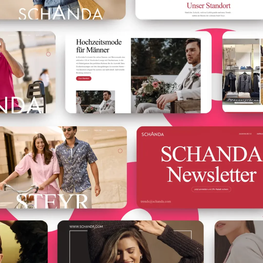 Eine Fallstudien-Collage von Website-Bildschirmen zeigt Hochzeitsmode für Männer, ein Paar beim Radfahren, eine Newsletter-Anmeldung und Bekleidungsanzeigen - alle mit dem Namen "Schanda" versehen.