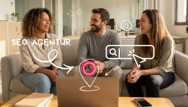 Drei Personen sitzen lächelnd auf einer Couch und unterhalten sich in einem Büro, überlagert von einer digitalen Grafik mit SEO Agentur-Symbolen und dem Text "SEO Agentur".