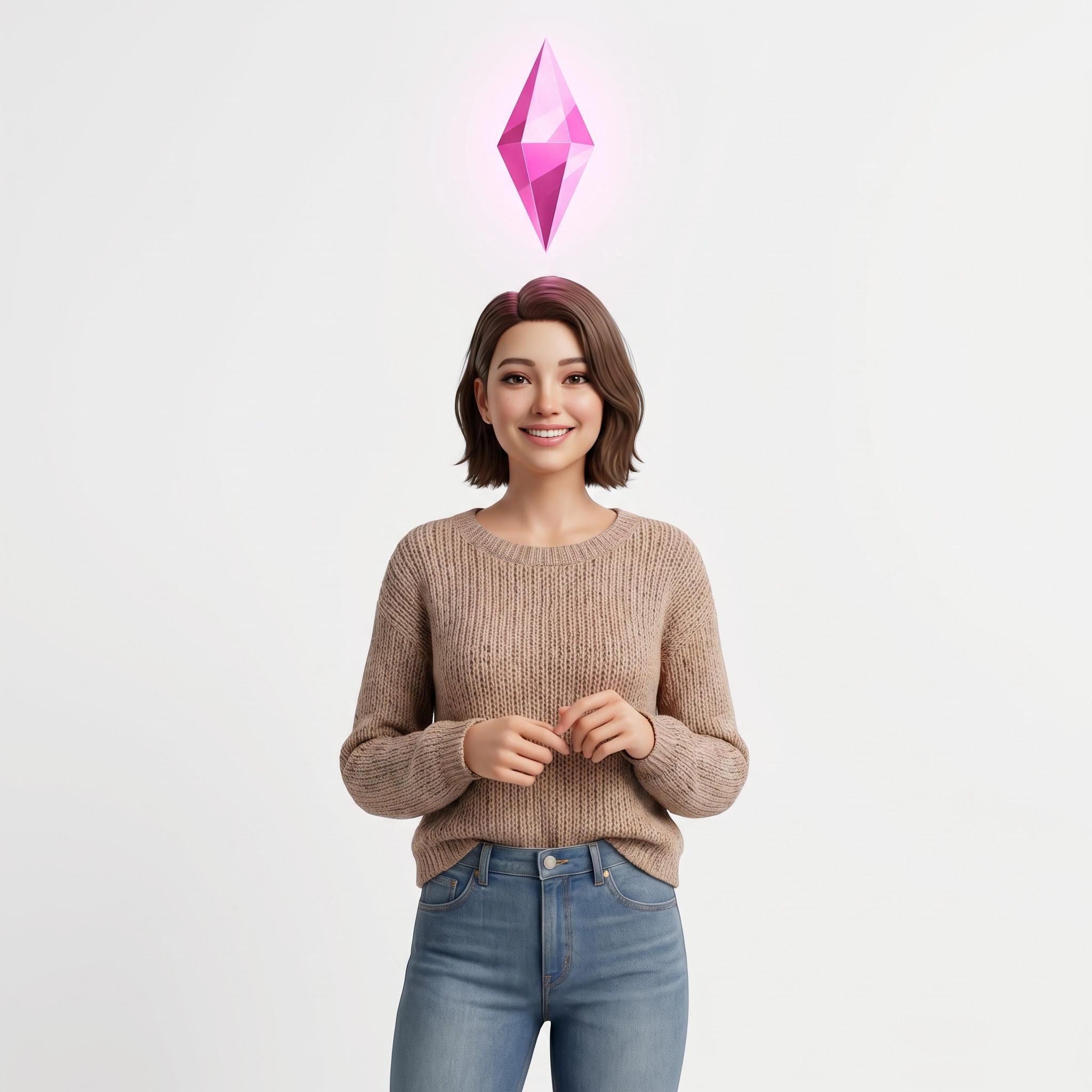 Eine lächelnde Frau mit braunem Haar steht unter einem schwebenden rosafarbenen rautenförmigen Kristall auf einem schlichten weißen Hintergrund.