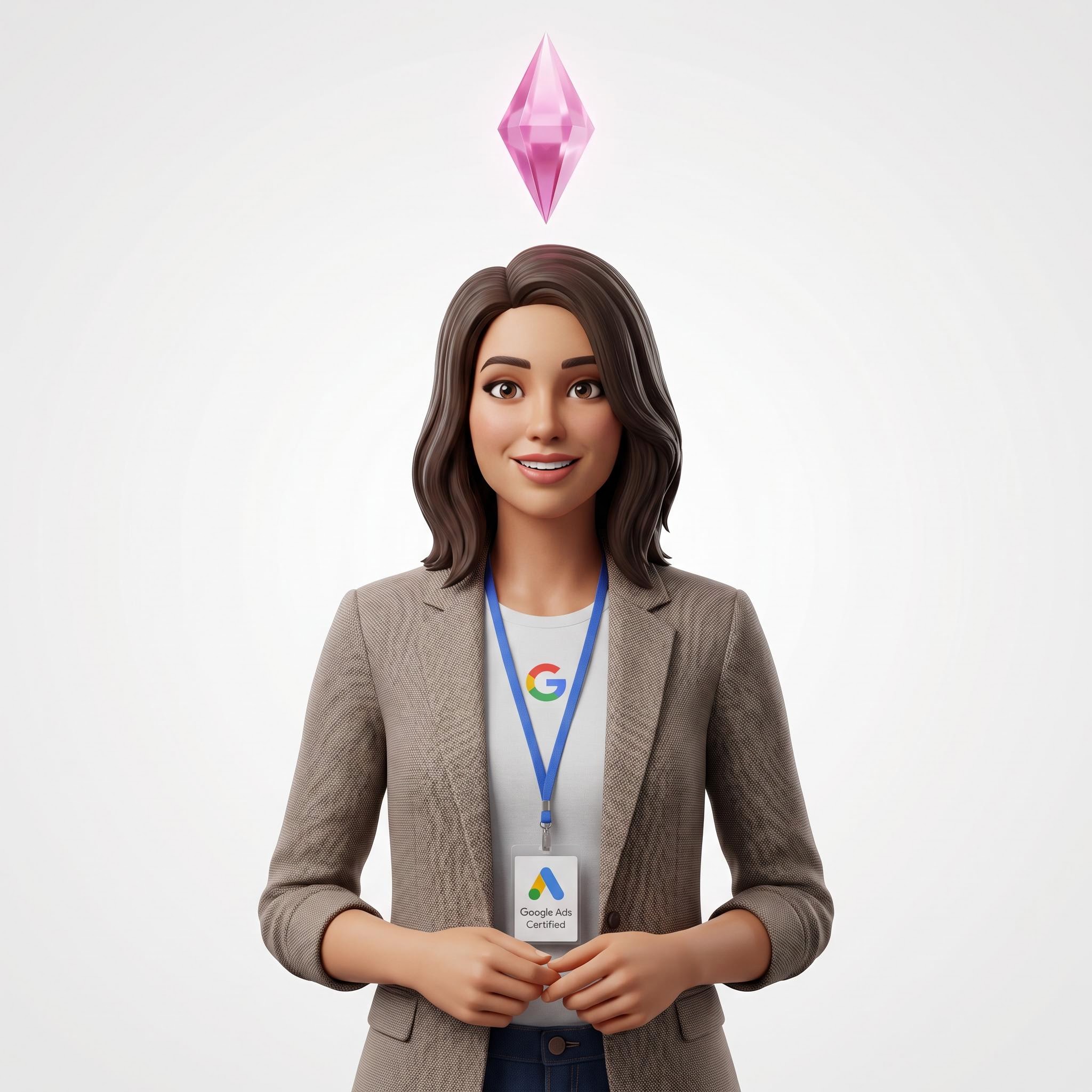 Eine 3D-gerenderte Frau mit braunem Haar, die einen Blazer und ein Google Ads Certified-Abzeichen trägt, steht lächelnd vor einem rosa Kristall, der über ihrem Kopf schwebt.