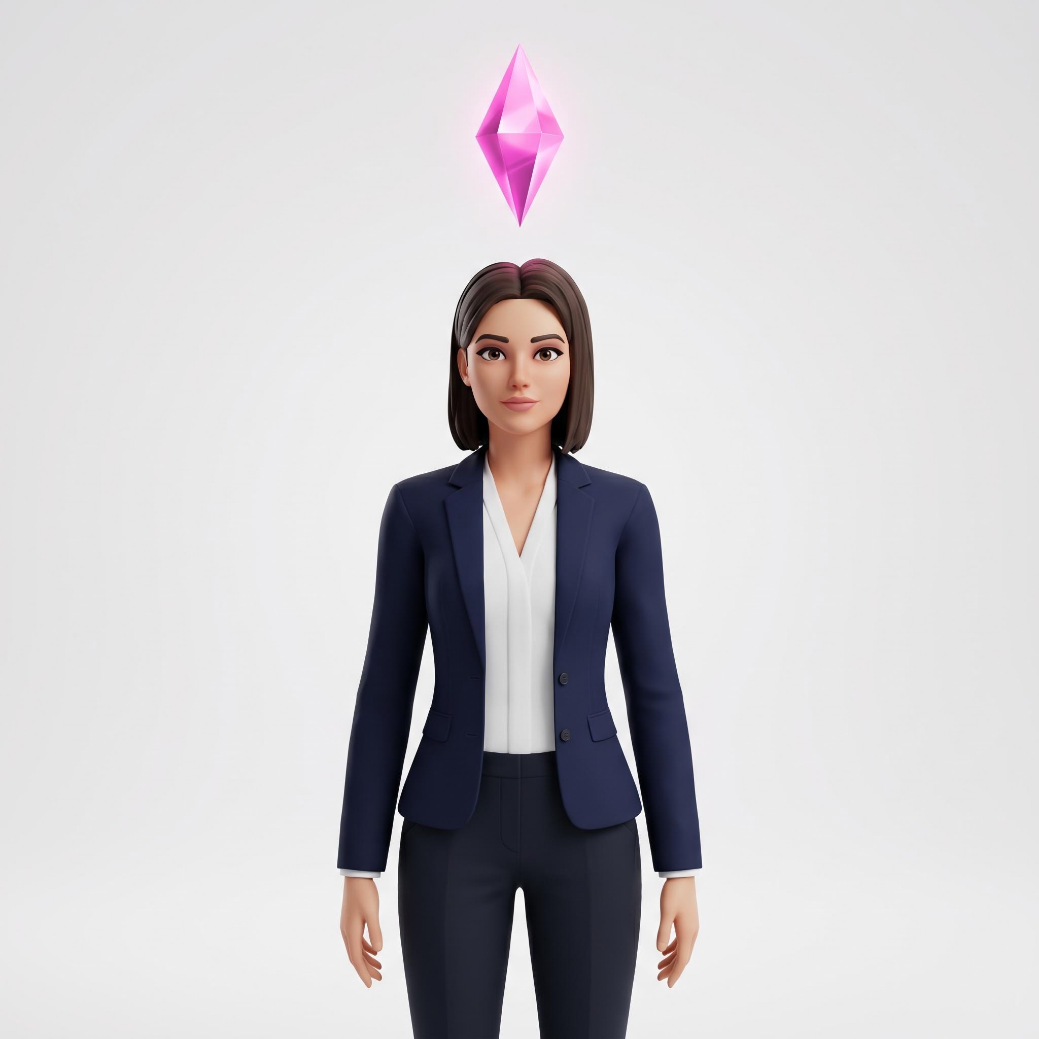 3D-Illustration einer Frau in Business-Kleidung, die mit einem rosa Kristall über ihrem Kopf schwebt, auf einem schlichten weißen Hintergrund.
