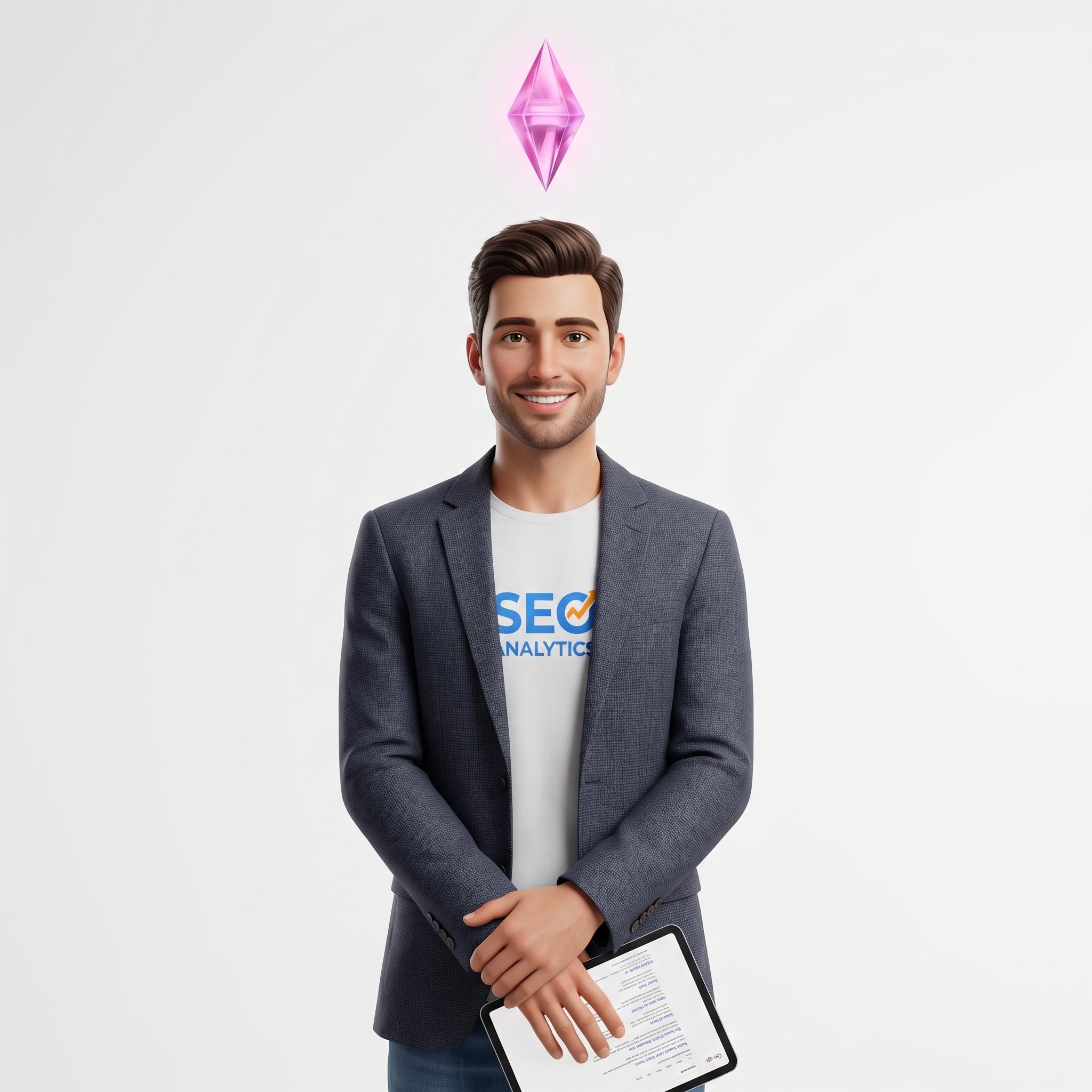 Ein lächelnder Mann in Blazer und "SEO Analytics"-T-Shirt hält ein Tablet in der Hand, über seinem Kopf schwebt ein rosa rautenförmiges Symbol vor einem schlichten Hintergrund.