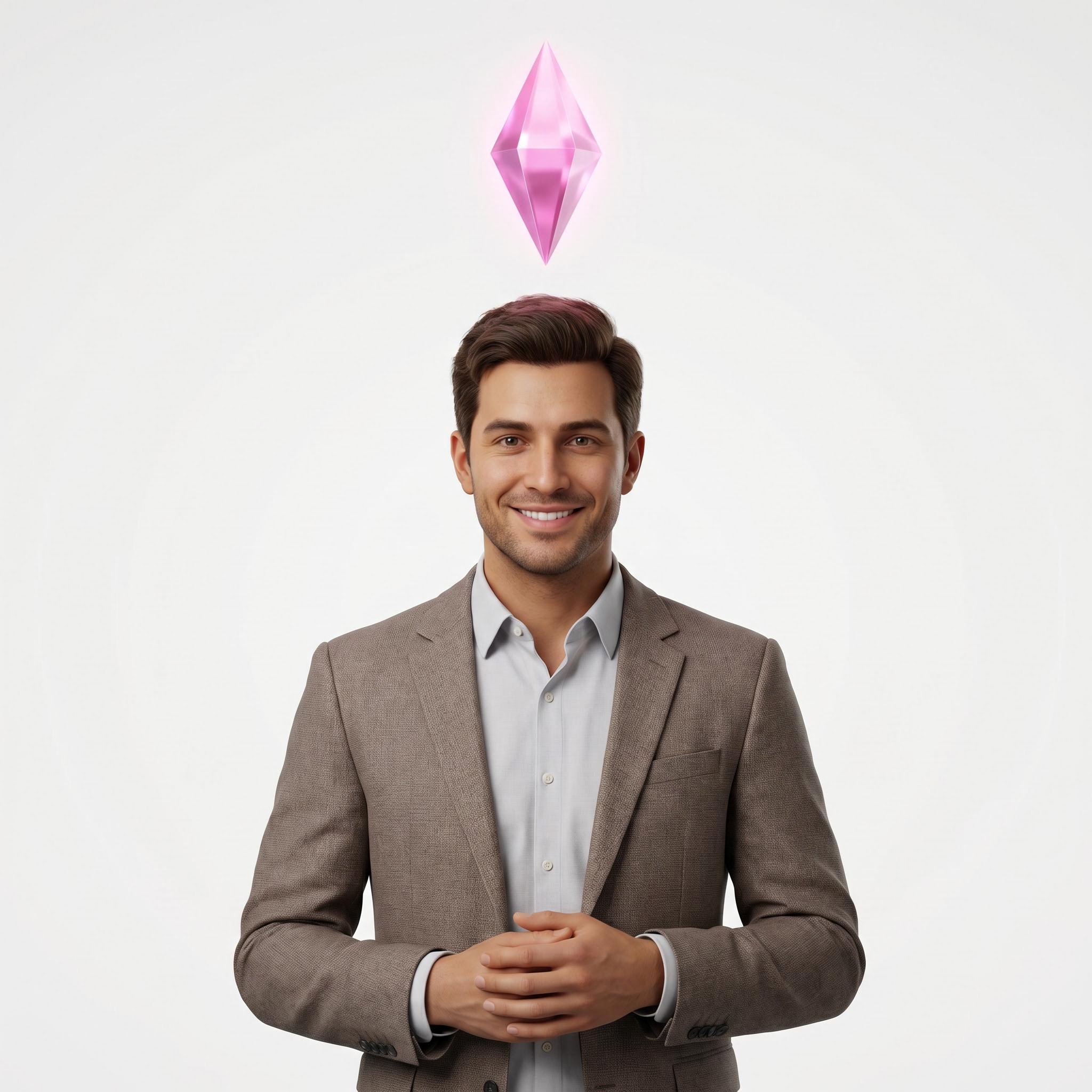 Ein Mann im Anzug steht lächelnd mit einem rosafarbenen rautenförmigen Objekt, das über seinem Kopf schwebt, vor einem schlichten Hintergrund.