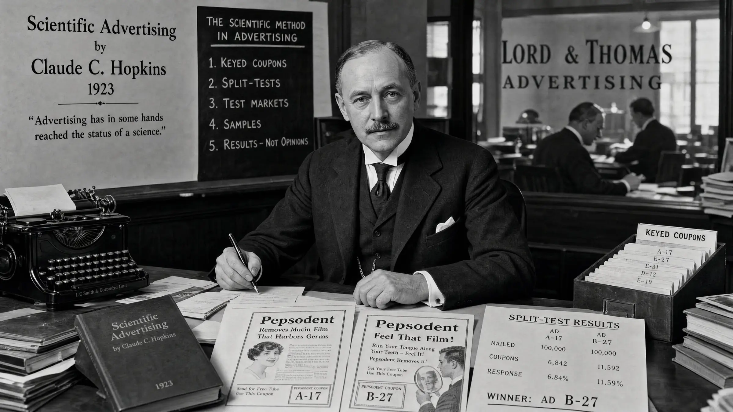 Ein Mann im Anzug sitzt an einem Schreibtisch, auf dem Werbebücher, Broschüren und Unterlagen liegen. Hinter ihm stehen Schreibmaschinen, eine Tafel mit Notizen zu „Scientific Advertising“ und ein Schild mit der Aufschrift „Lord & Thomas Advertising“.